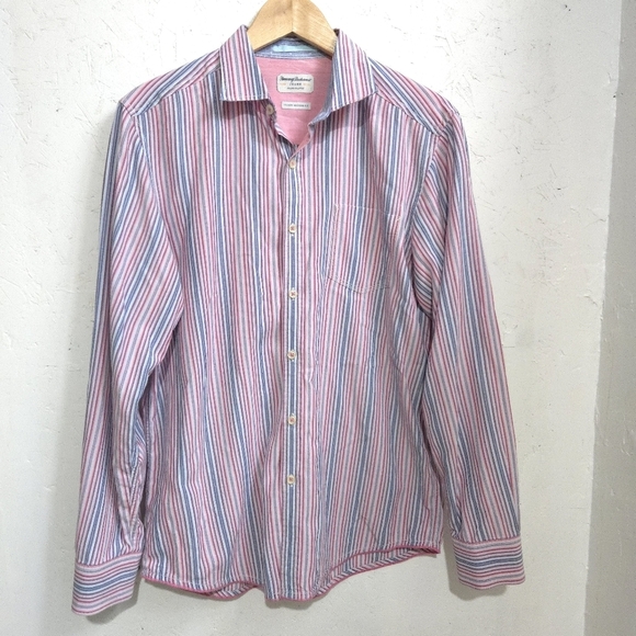 Tommy Bahama | Men's Striped Pink and Blue Button Down Shirt - Picture 2 of 10